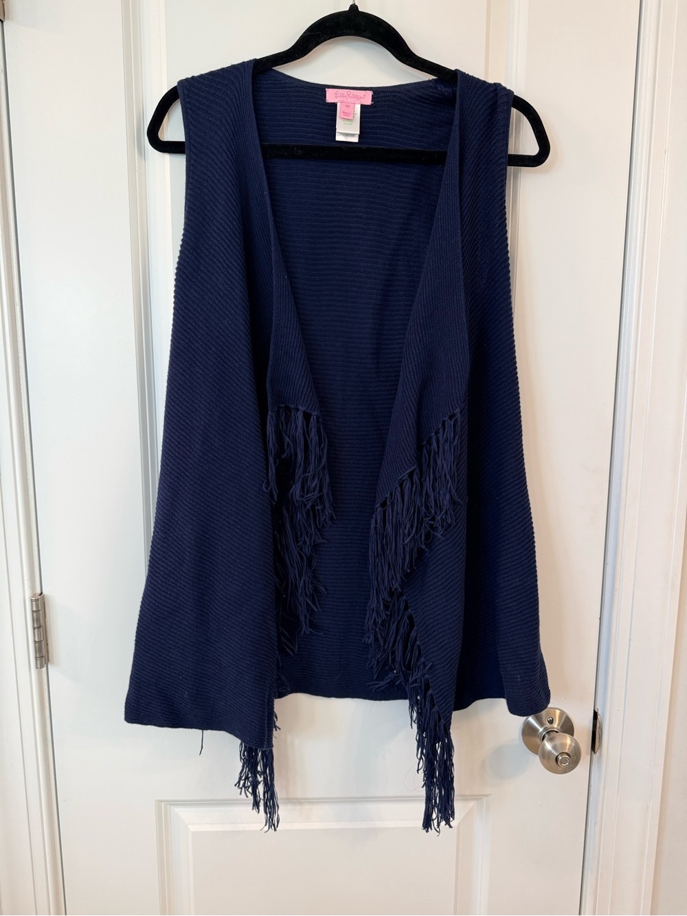 Lilly Pulitzer Navy Blue Fringe Open Front Knit Vest XS